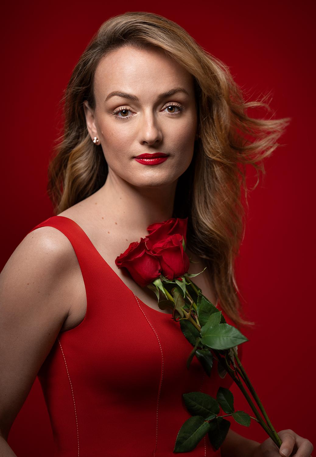 Jen in red dress with roses